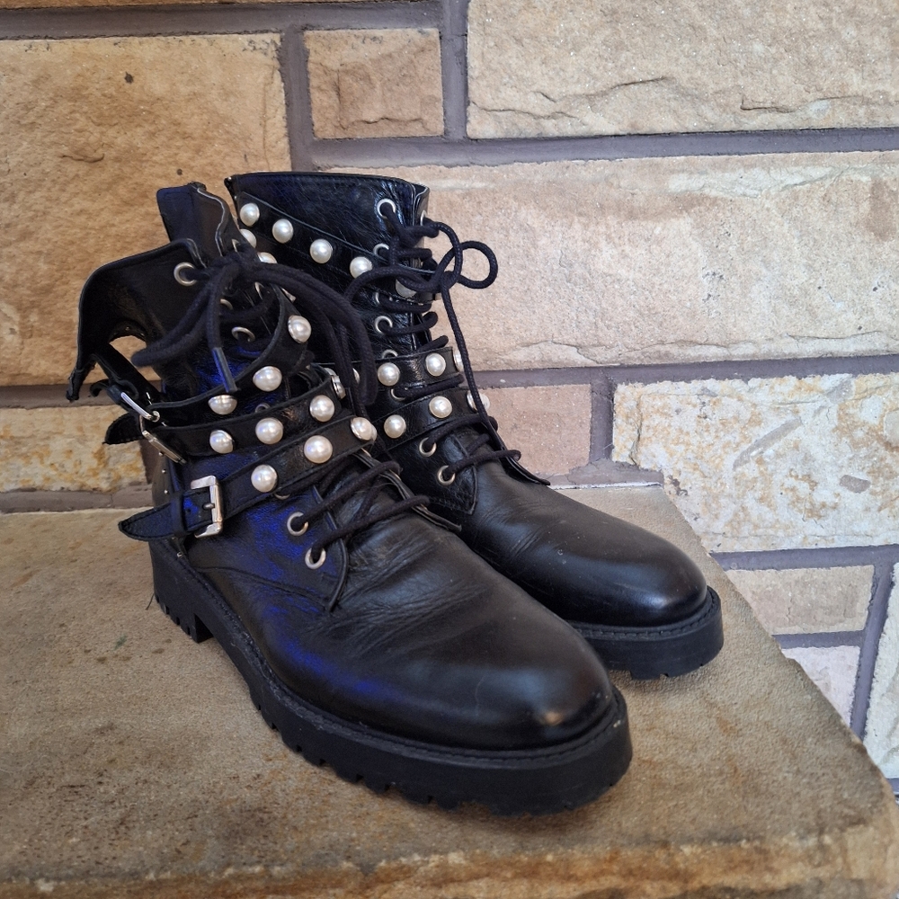Zara Basic Pearl Embellished Combat Boots Sz 39